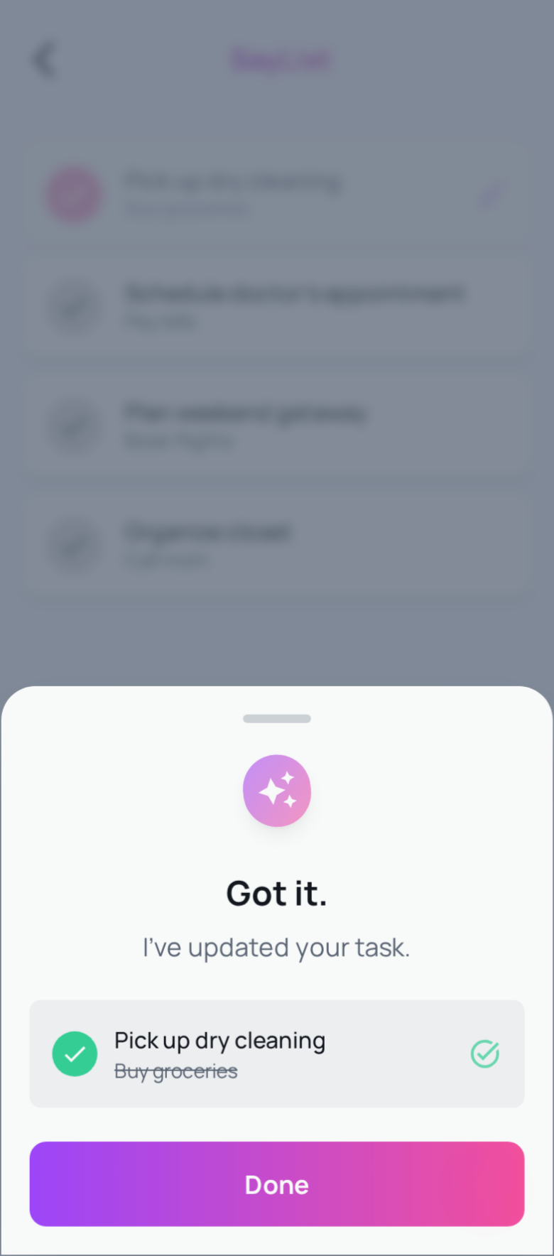 SayList completion screen showing task update