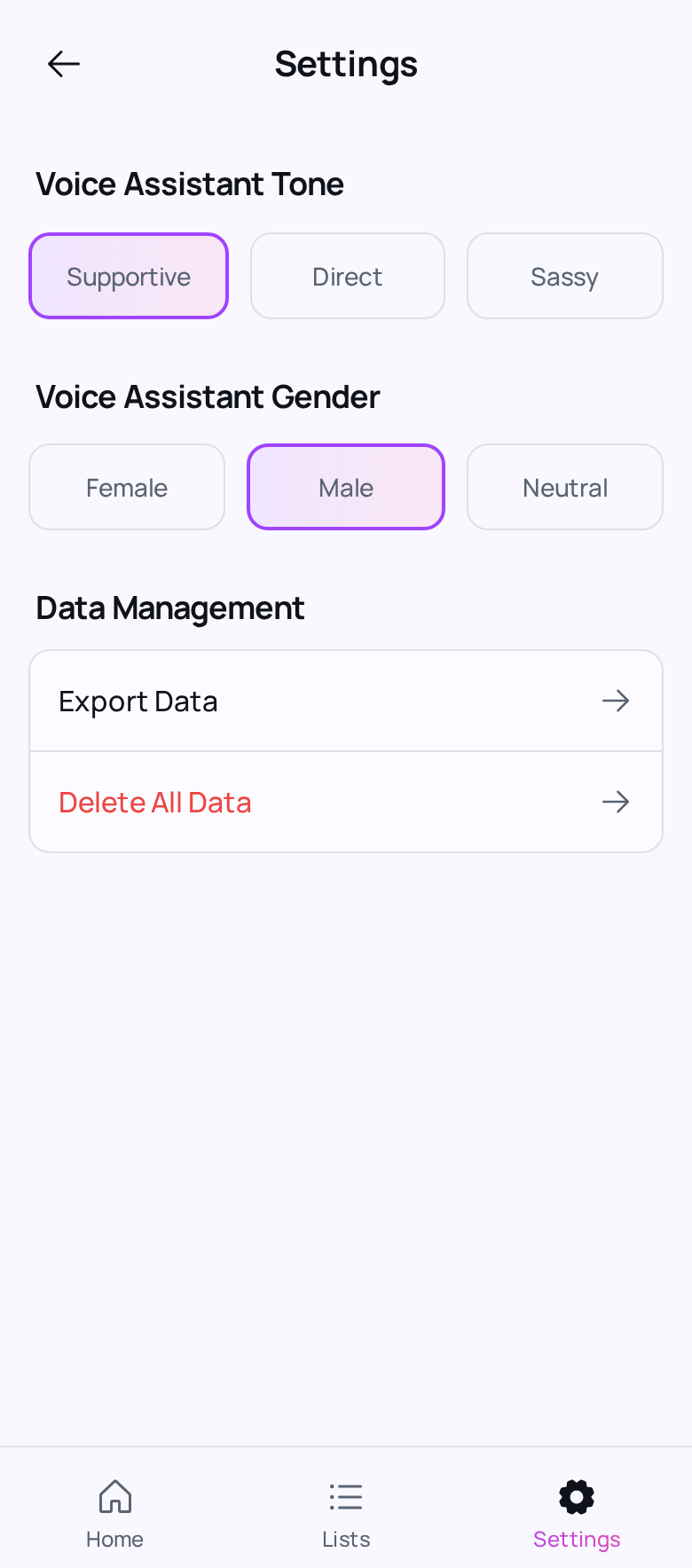 SayList settings screen with voice assistant options