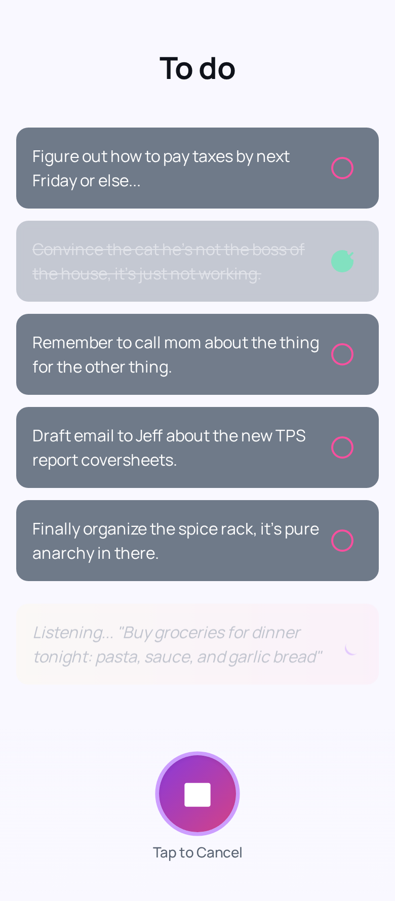SayList main screen showing voice input and task list